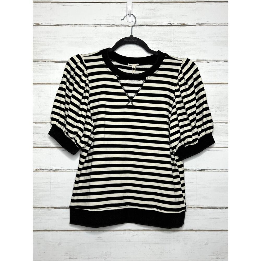 Jodifl Black White Striped Puff Sleeve Top Womens Small Knit Casual Blouse